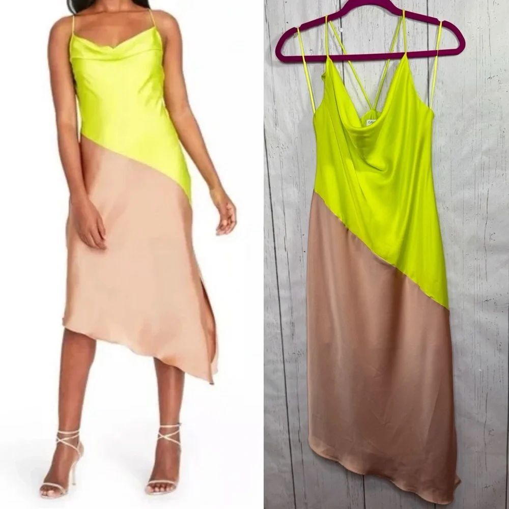 Cushnie X Target Neon Yellow Colorblock Satin Slip Midi Dress Strappy Size 2